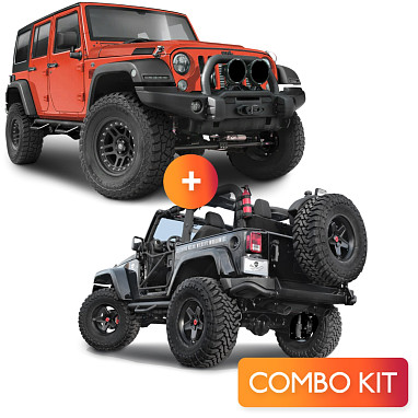 Image of a Jeep Wrangler    Combo Kit: AEV Style Front and Rear Steel Bumper + Tyre Carrier & Water Tanks for Wrangler JK